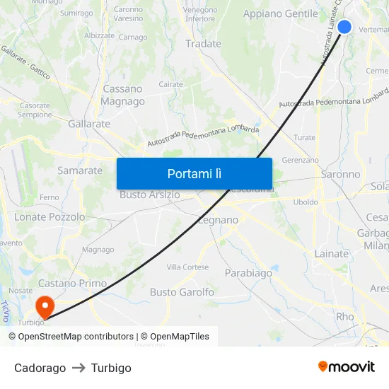 Cadorago to Turbigo map