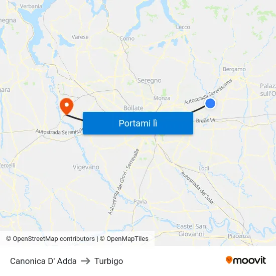 Canonica D' Adda to Turbigo map