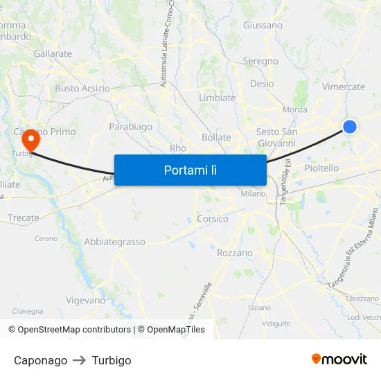 Caponago to Turbigo map