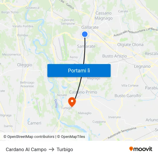 Cardano Al Campo to Turbigo map