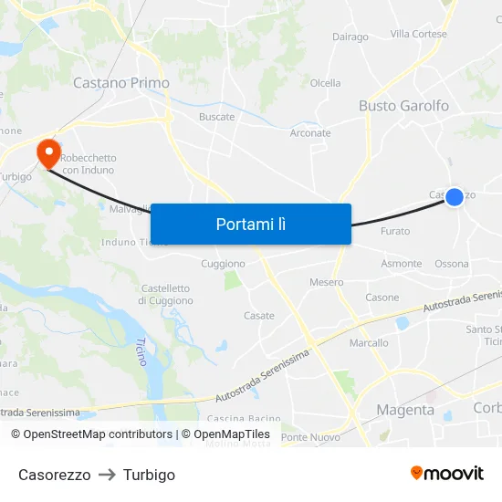 Casorezzo to Turbigo map