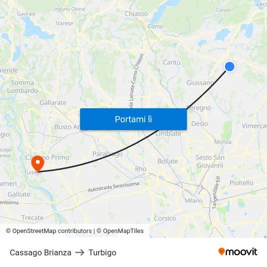 Cassago Brianza to Turbigo map