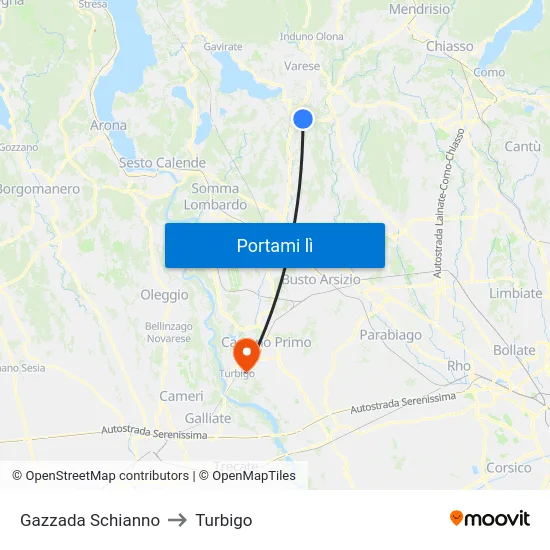 Gazzada Schianno to Turbigo map