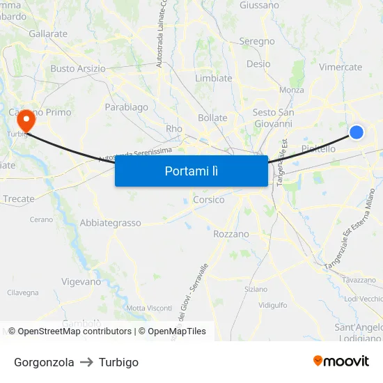 Gorgonzola to Turbigo map