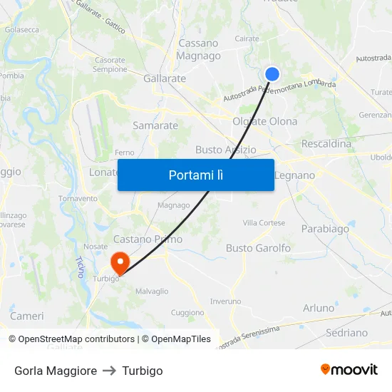 Gorla Maggiore to Turbigo map