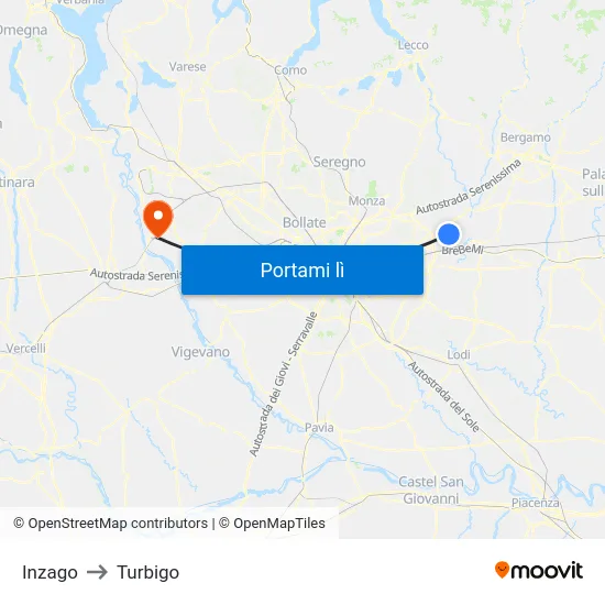 Inzago to Turbigo map