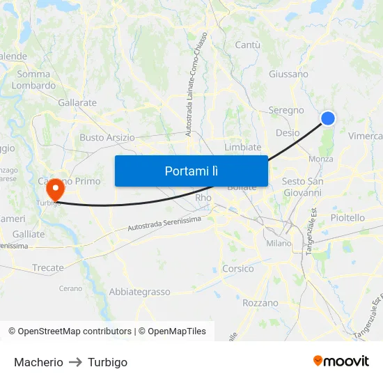 Macherio to Turbigo map