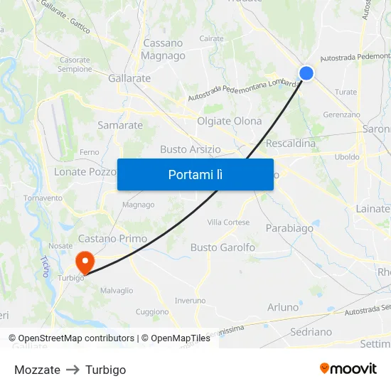 Mozzate to Turbigo map