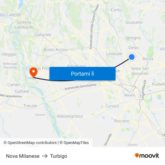 Nova Milanese to Turbigo map