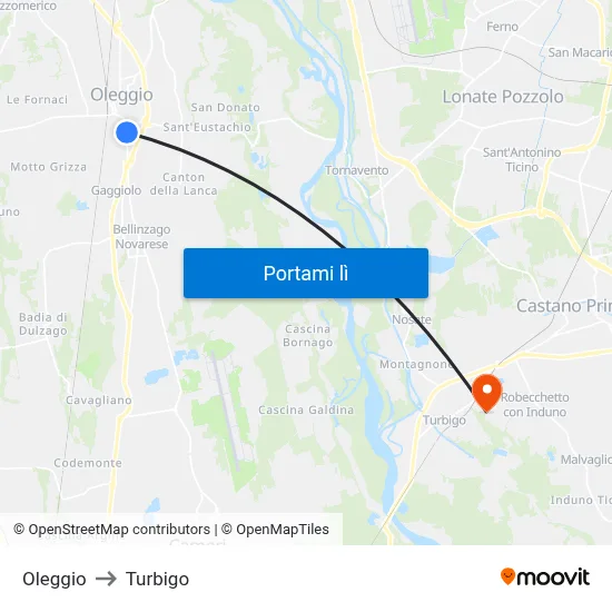 Oleggio to Turbigo map