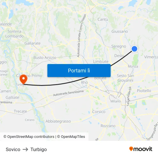 Sovico to Turbigo map