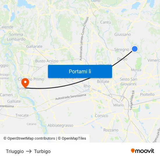 Triuggio to Turbigo map