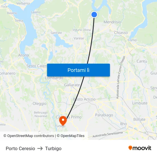 Porto Ceresio to Turbigo map