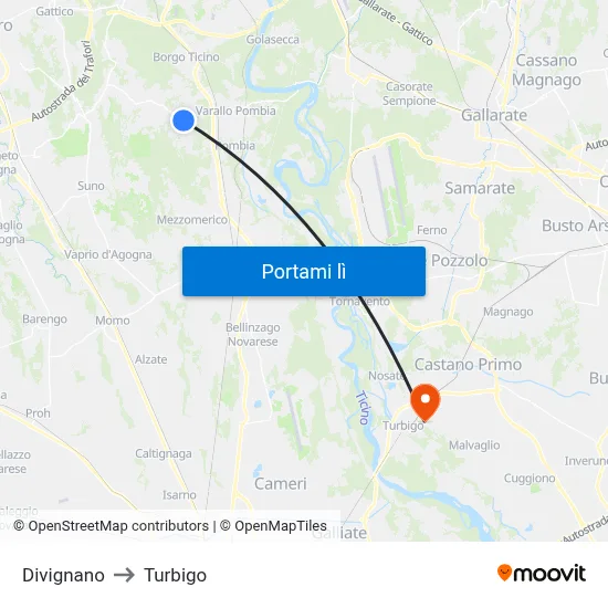 Divignano to Turbigo map