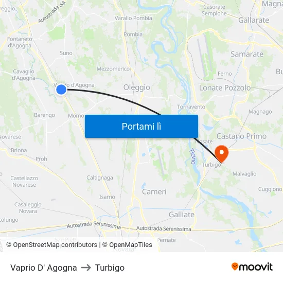 Vaprio D' Agogna to Turbigo map