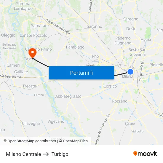 Milano Centrale to Turbigo map