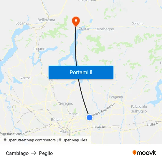 Cambiago to Peglio map