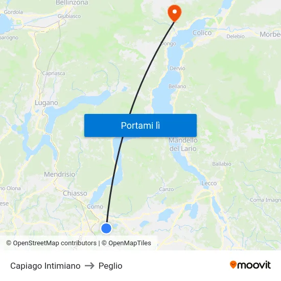 Capiago Intimiano to Peglio map