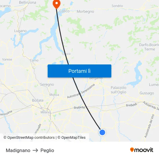 Madignano to Peglio map