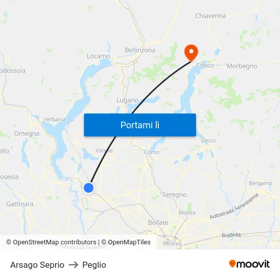 Arsago Seprio to Peglio map