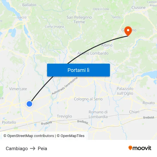 Cambiago to Peia map