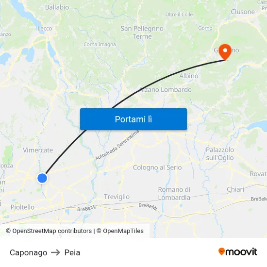 Caponago to Peia map