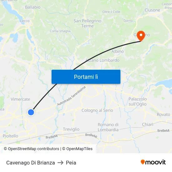 Cavenago Di Brianza to Peia map