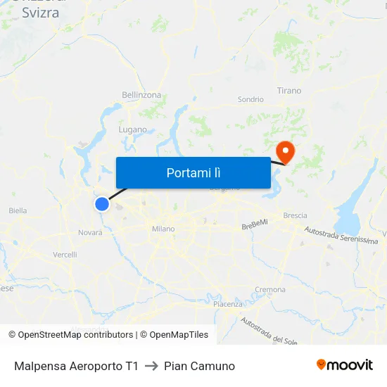 Malpensa Aeroporto T1 to Pian Camuno map