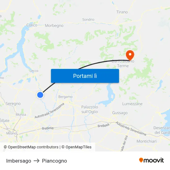 Imbersago to Piancogno map