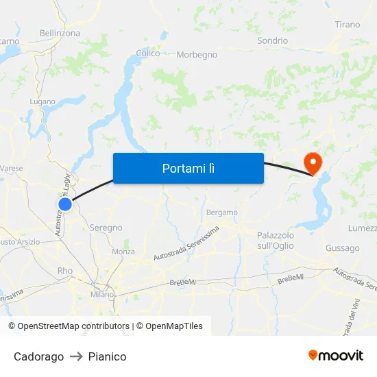 Cadorago to Pianico map