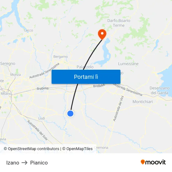 Izano to Pianico map