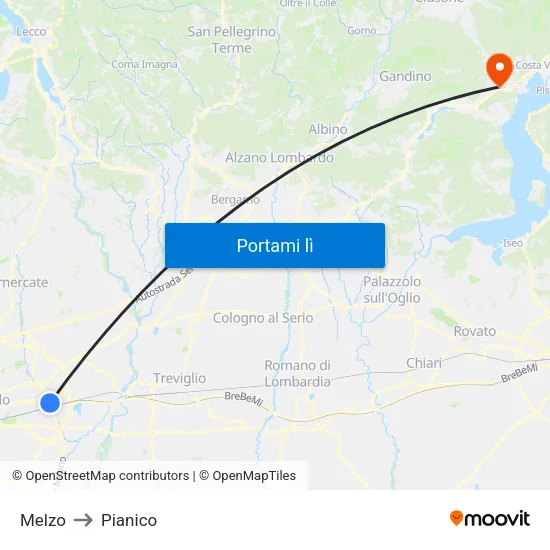 Melzo to Pianico map