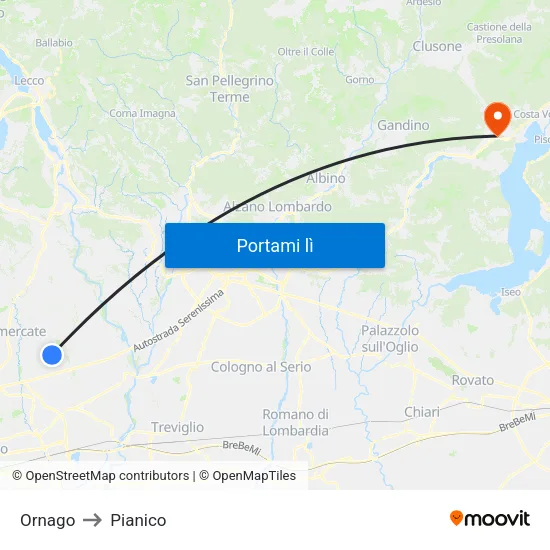 Ornago to Pianico map