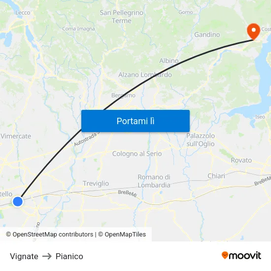 Vignate to Pianico map