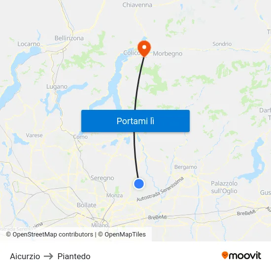 Aicurzio to Piantedo map
