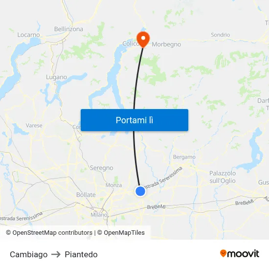 Cambiago to Piantedo map
