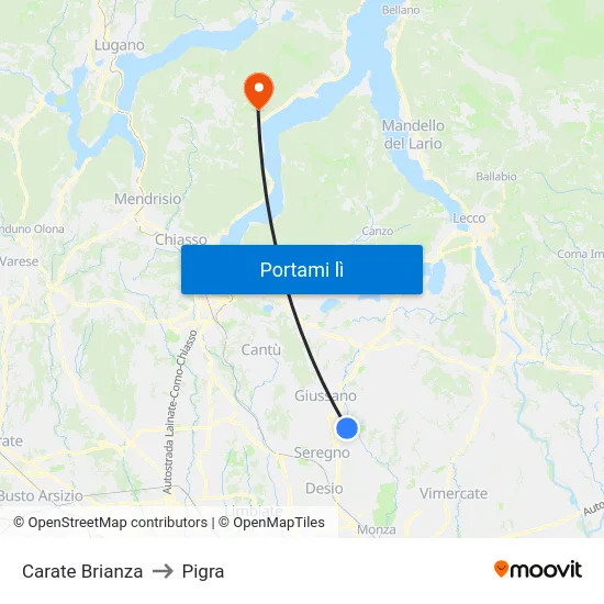 Carate Brianza to Pigra map