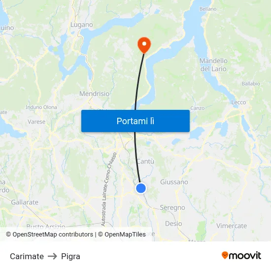 Carimate to Pigra map
