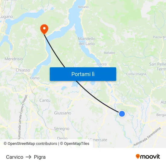 Carvico to Pigra map