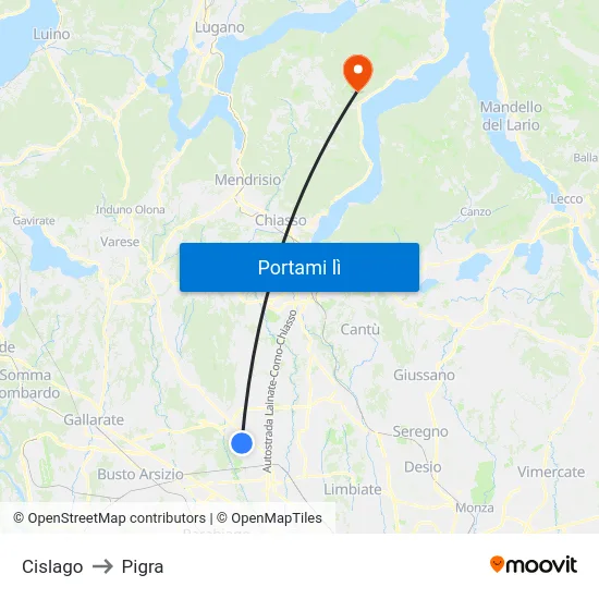 Cislago to Pigra map