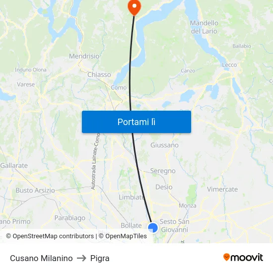 Cusano Milanino to Pigra map