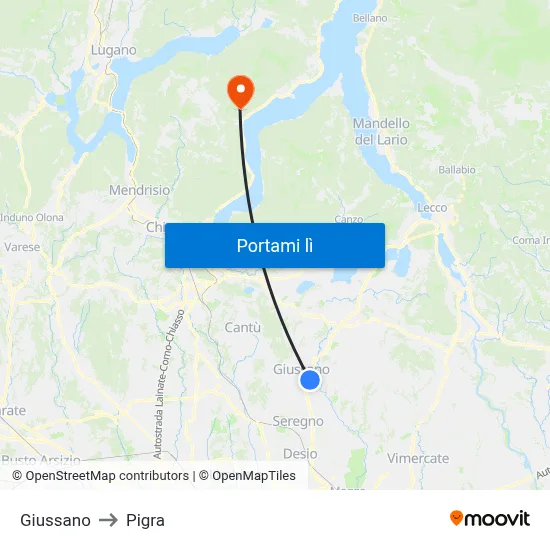 Giussano to Pigra map