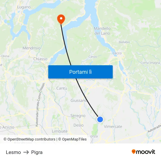 Lesmo to Pigra map