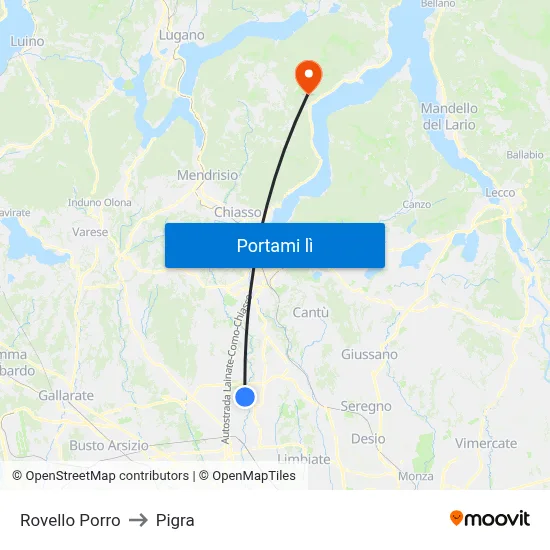 Rovello Porro to Pigra map