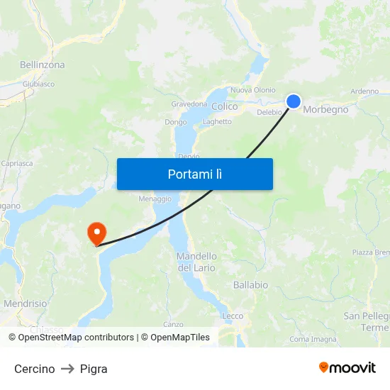 Cercino to Pigra map