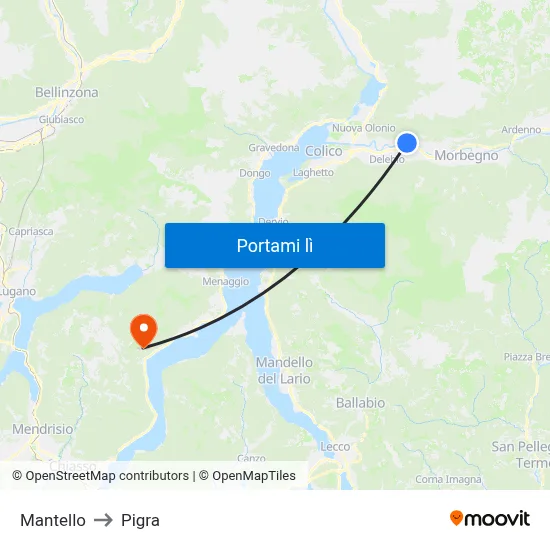 Mantello to Pigra map