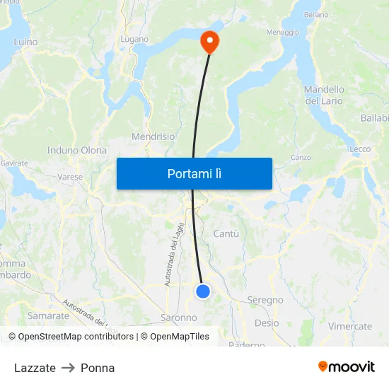 Lazzate to Ponna map