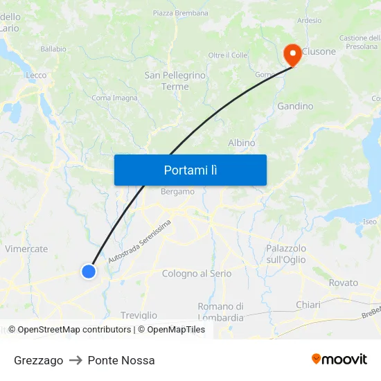 Grezzago to Ponte Nossa map