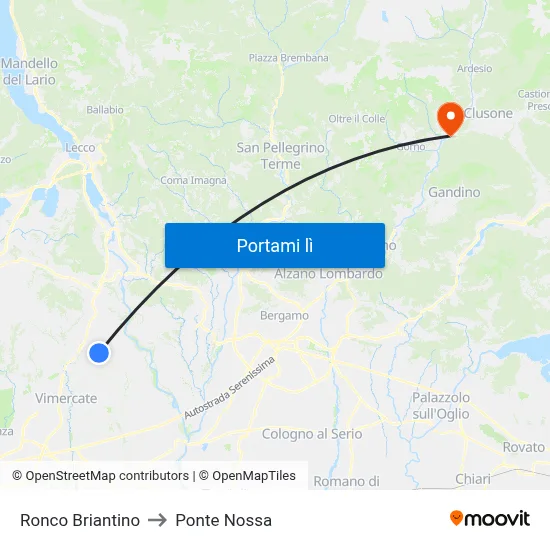 Ronco Briantino to Ponte Nossa map