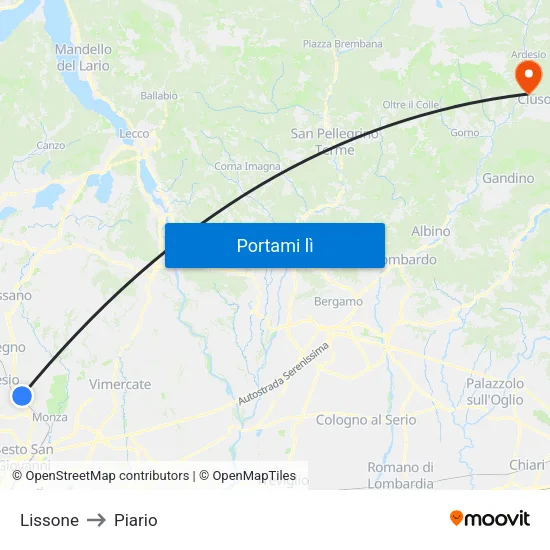Lissone to Piario map